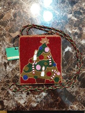 Vintage C. Marie Beaded & Satin Christmas Tree Holiday Shoulder Bag